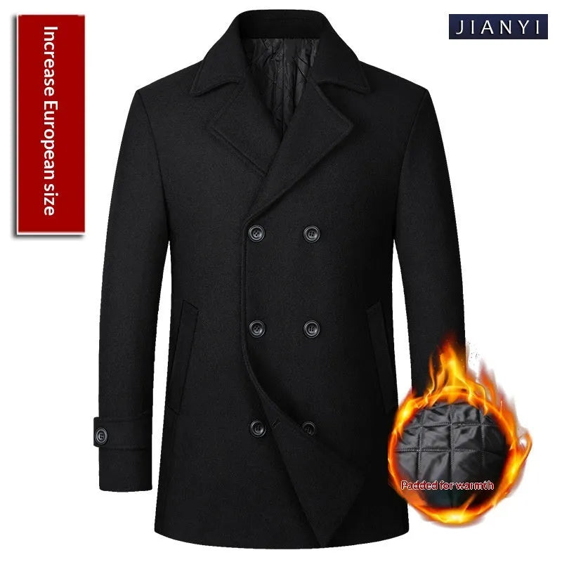 Men's double-breasted lapel mid-length wool coat in loose fit, available in black colour, European sizes S to XXL