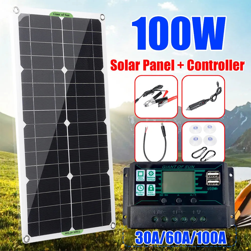 30W semi-flexible solar panel with USB and DC charging ports for outdoor use.