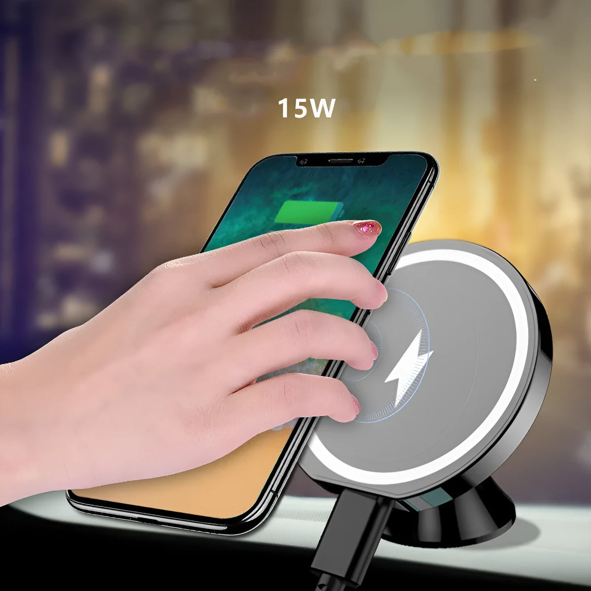 Magnetic wireless charging car phone holder 15W for air outlet, dashboard, or desktop, in black or white.