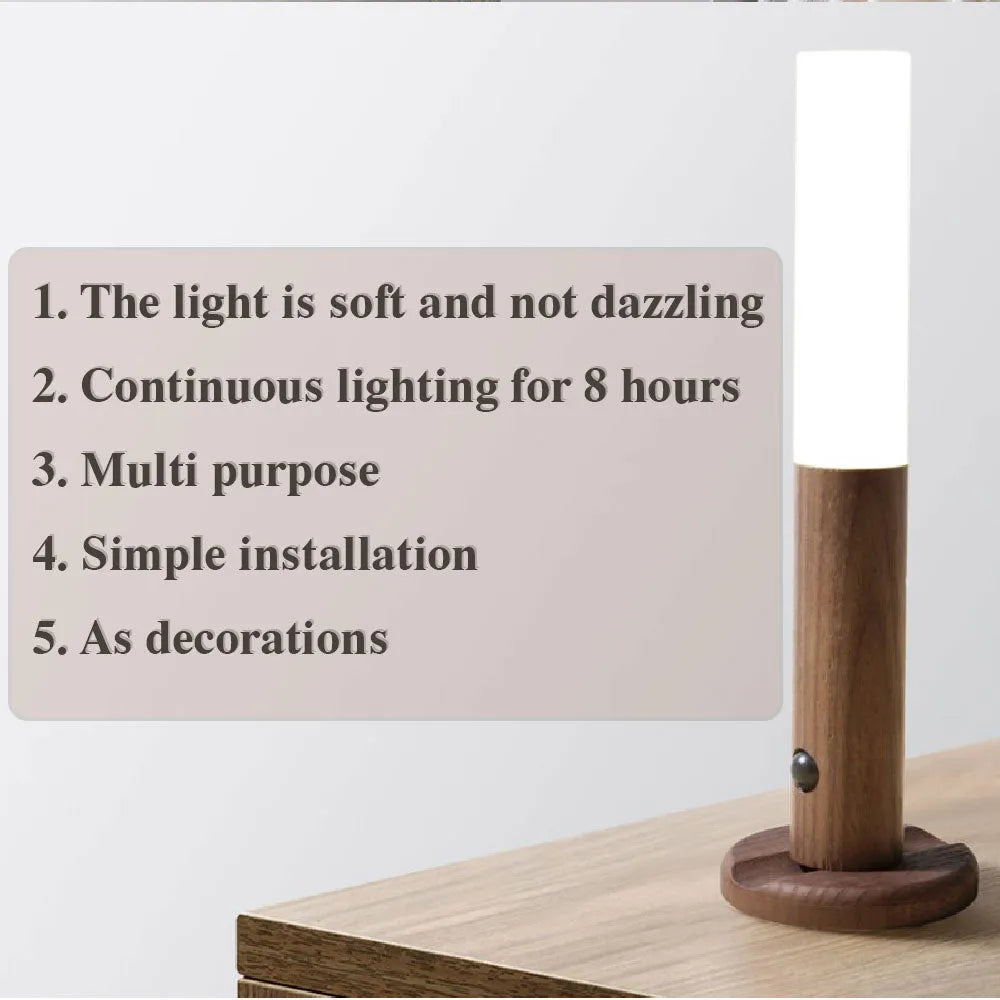 Auto LED USB magnetic wood night light with PIR motion sensor on wall, warm light