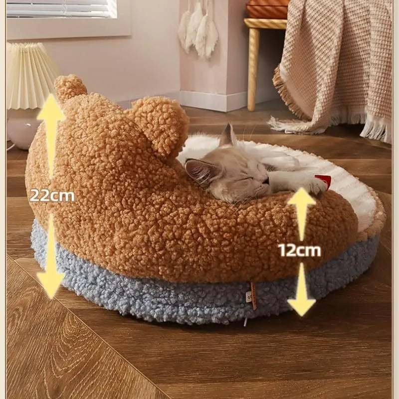 Washable cat bed with high backrest, removable cushion, and non-slip bottom in brown or pink