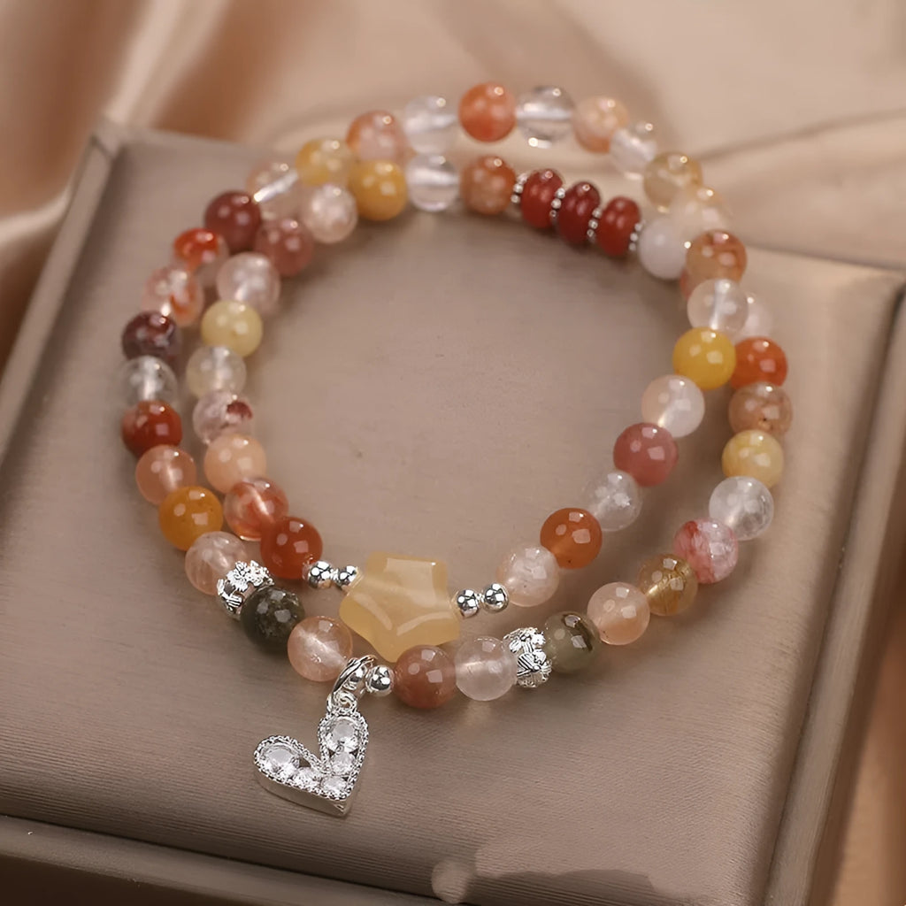 Natural crystal double ring bracelet with red hair crystal design for women
