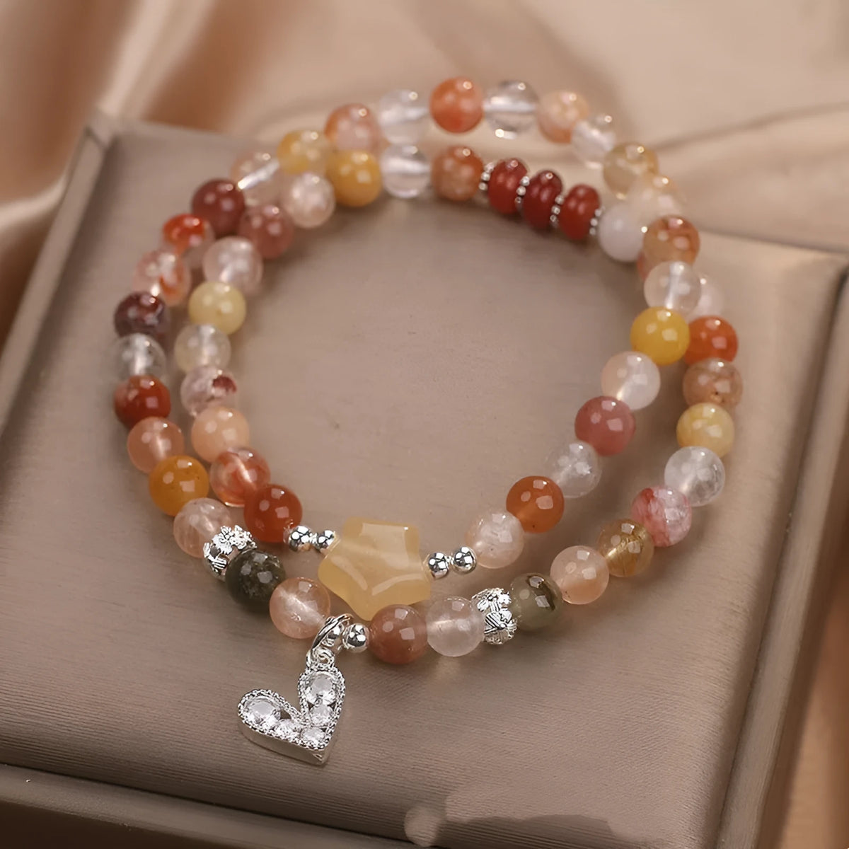 Natural crystal double ring bracelet with red hair crystal design for women