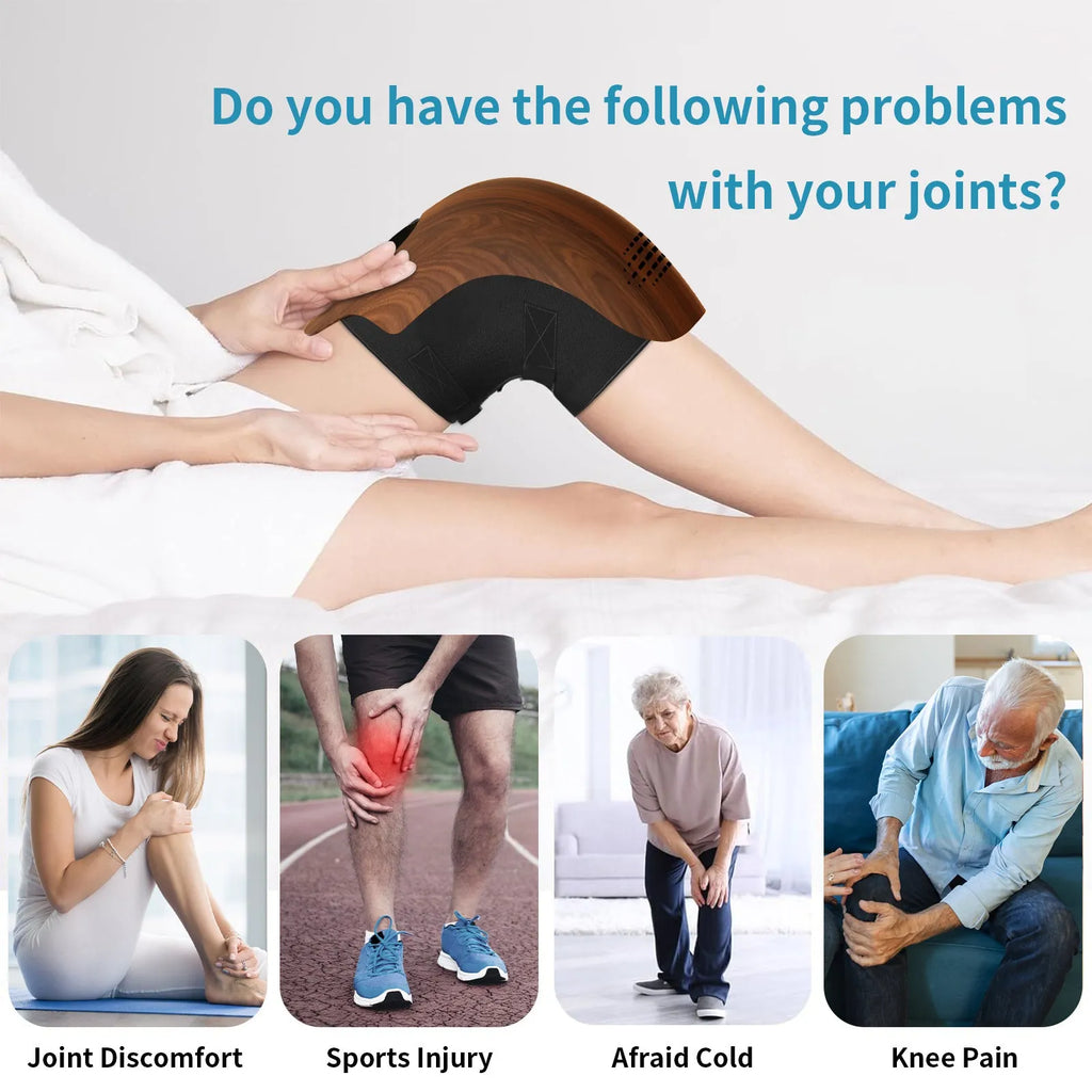 Rechargeable electric knee massager in white or wood colour with USB charging cable