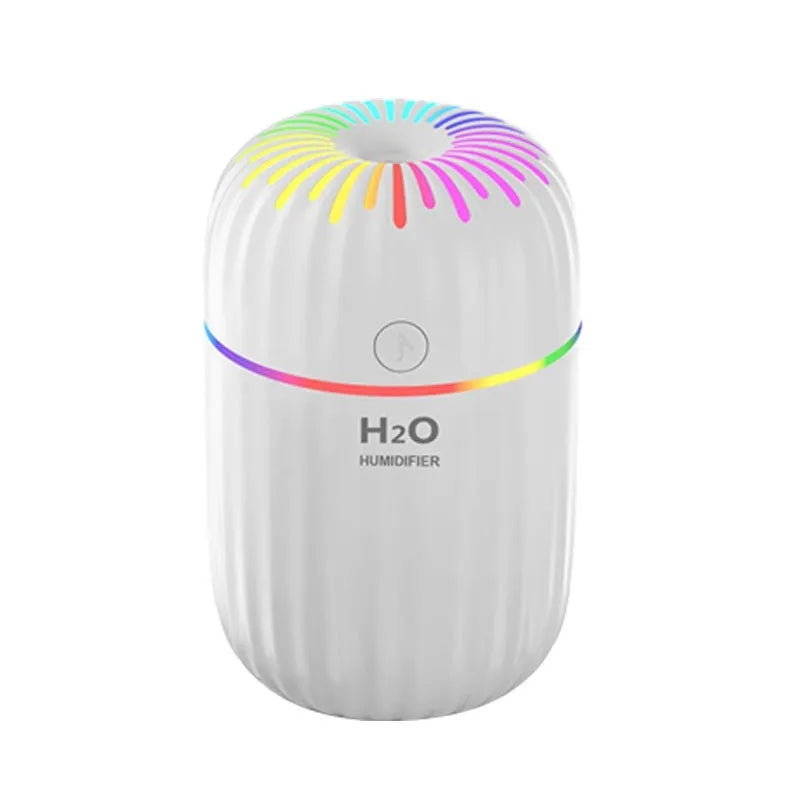 White USB mini humidifier with 300ml water tank on wooden desk next to laptop