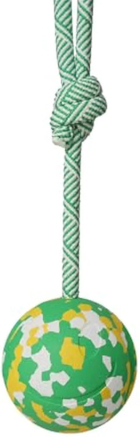 Natural rubber dog ball attached to a blue nylon rope for fetch and tug of war games.