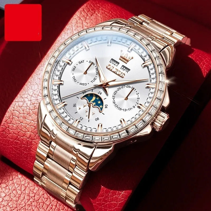 Men's automatic mechanical watch with stainless steel strap, transparent case back, and flat top crown in business style