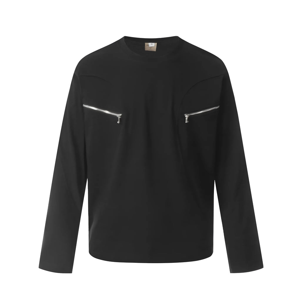 Black and Flower Grey loose fit cotton long sleeve pullover on a hanger