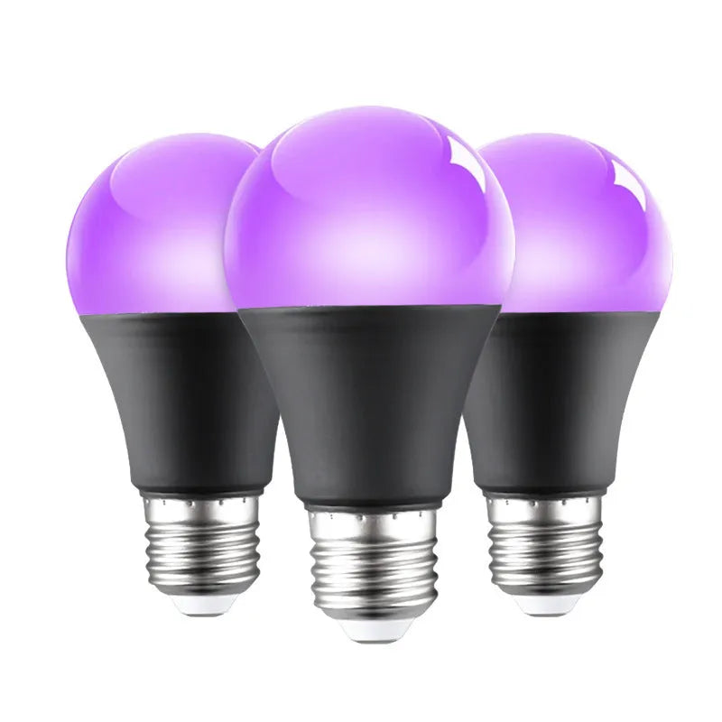 A19 purple LED light bulb with UV violet fluorescence, 12W super bright, IP44 rated