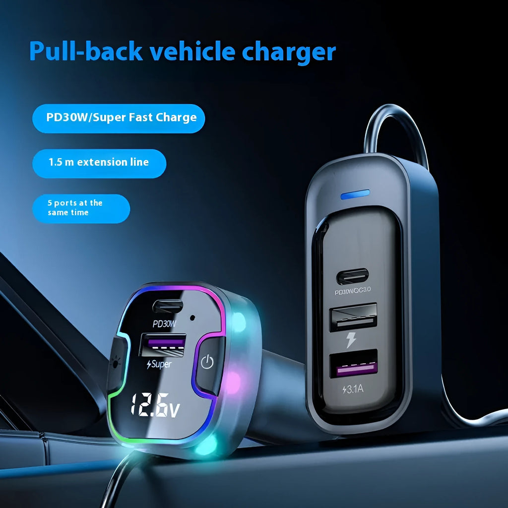 YQ8-Black car PD fast charger with front and rear charging ports showing five USB connections