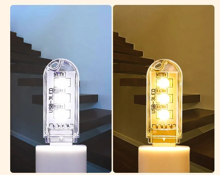 Small white USB-powered LED baby night light with two light colour modes