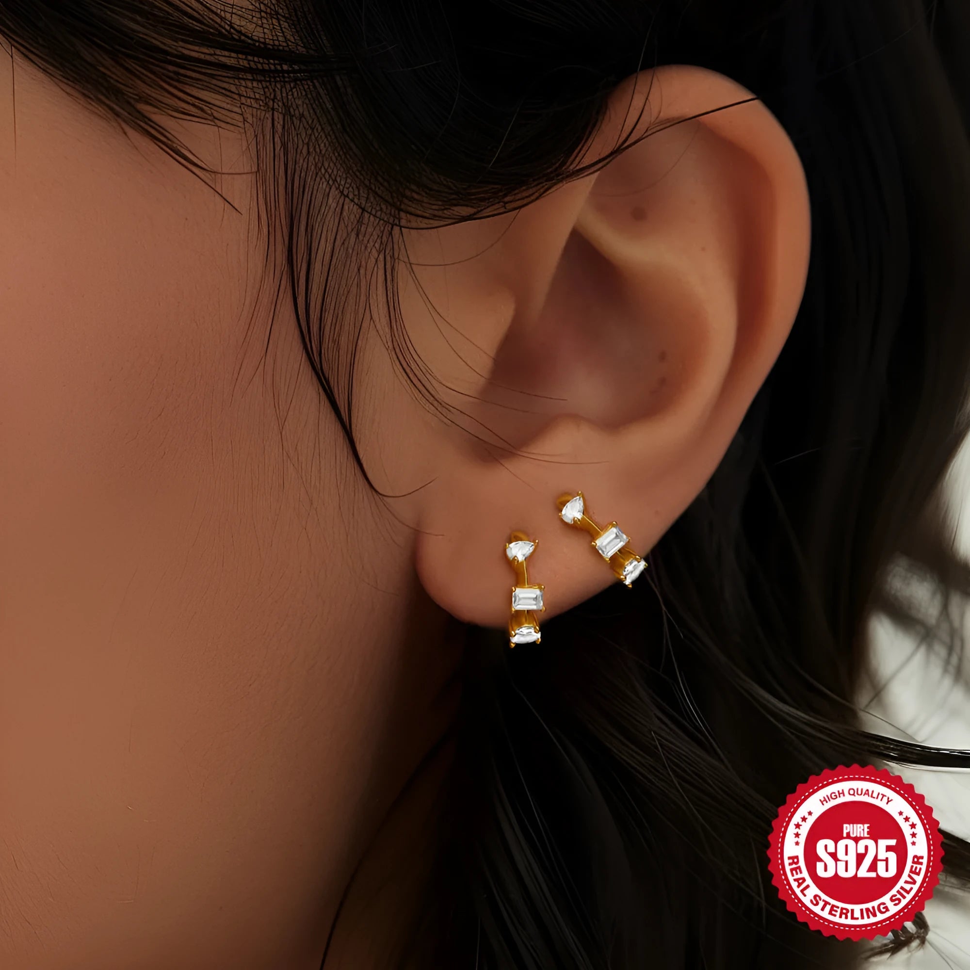 Small round geometric sterling silver stud earrings in gold and silver electroplated finishes.