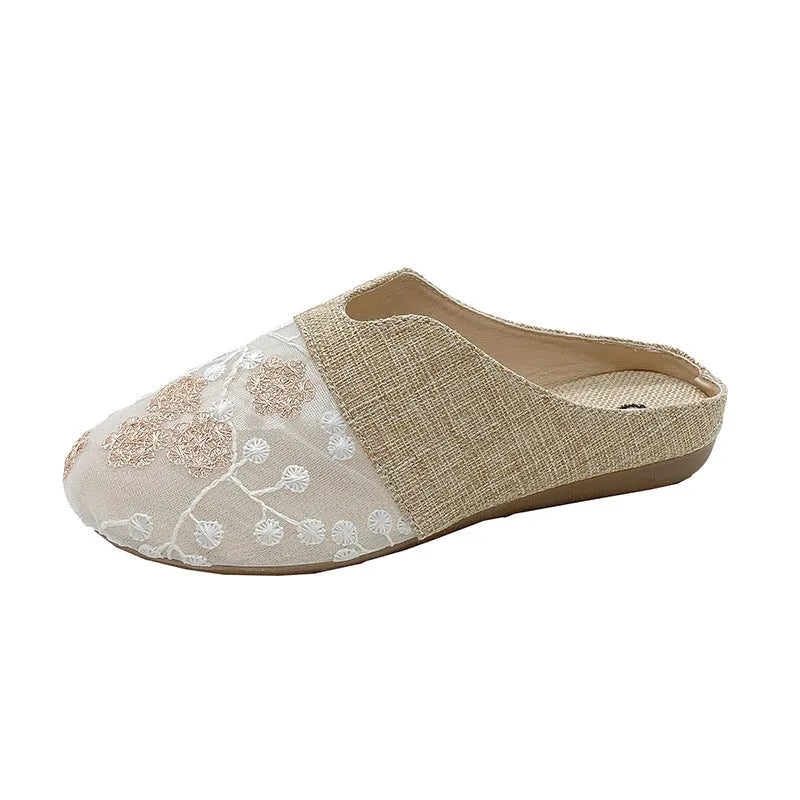 Women's mesh hollow toe box slip-on sandals low heel flat in green
