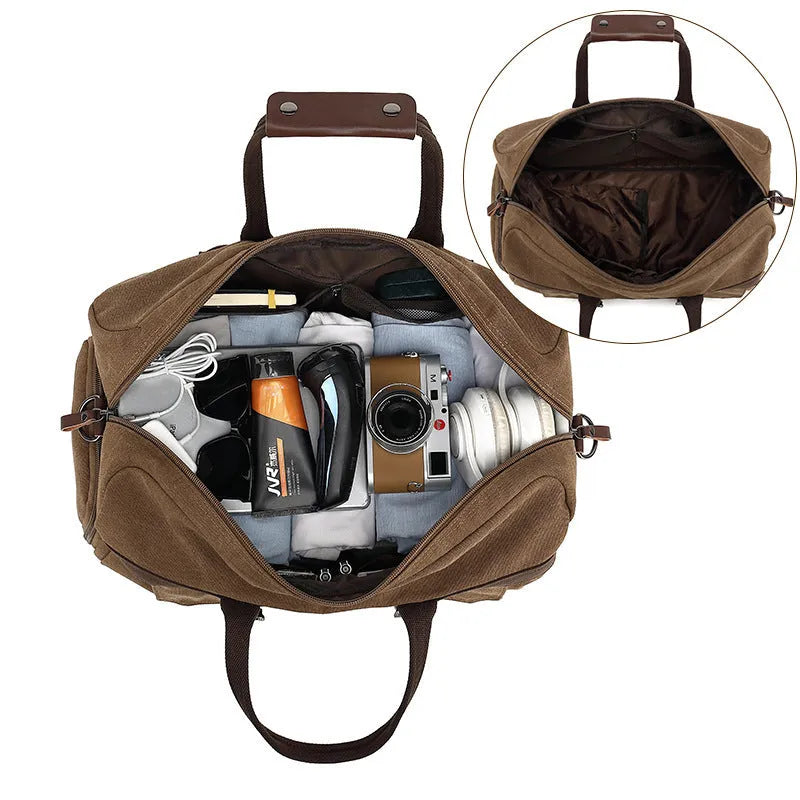 Men's canvas crossbody travel bag with retro styling in black, brown or grey colours