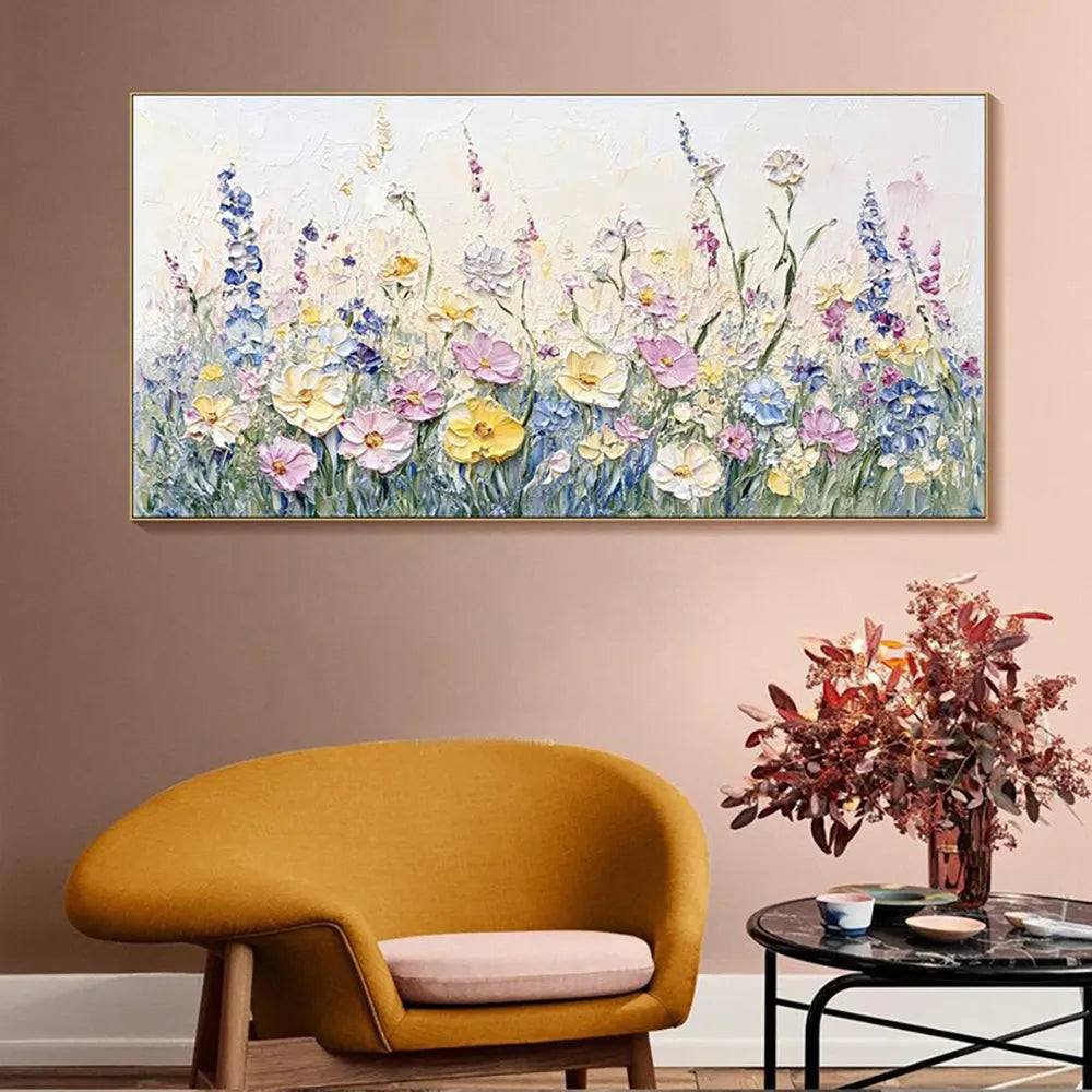 Handmade oil painting canvas wall art with 3D palette knife flowers, modern horizontal design, frameless and unstretched