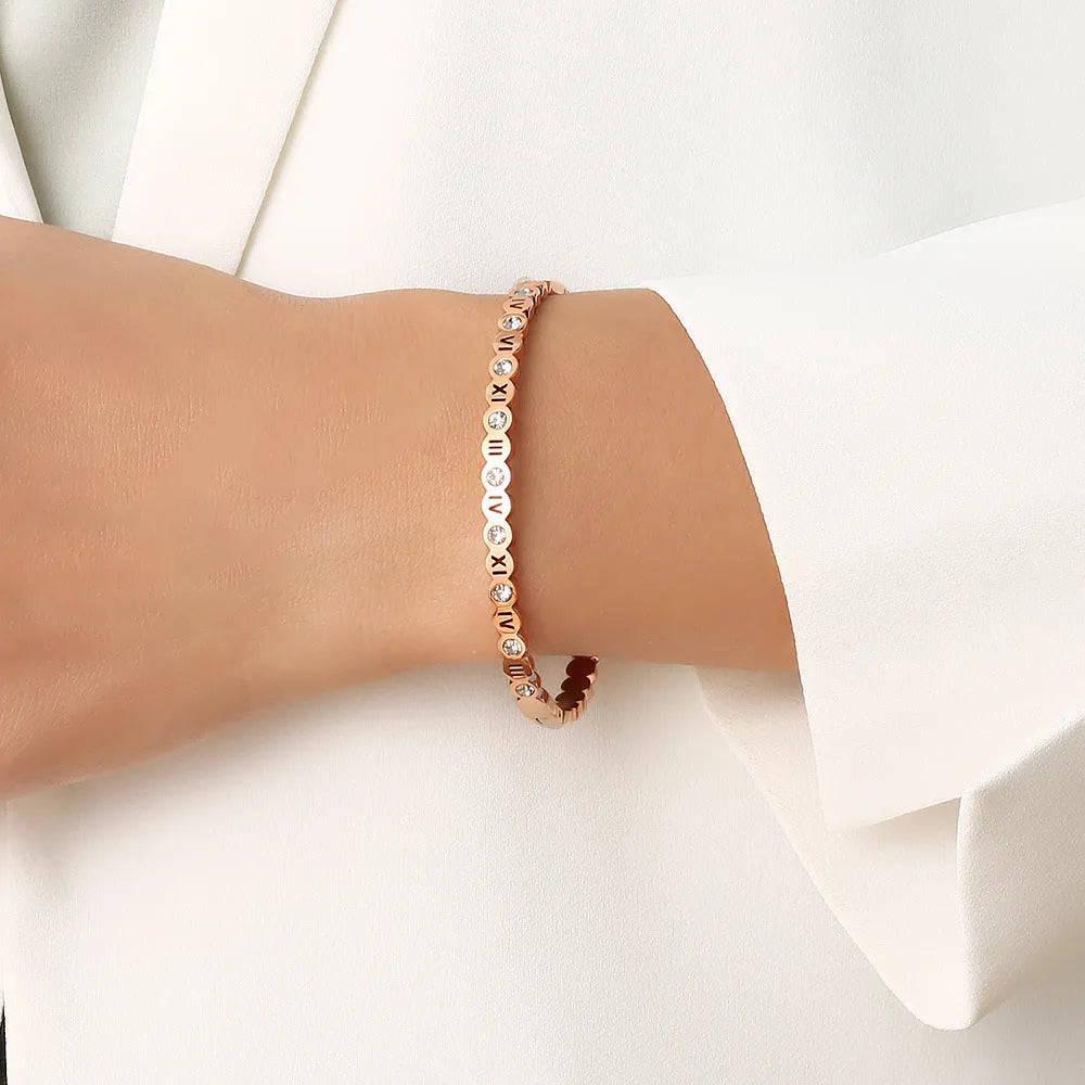 Titanium steel Korean style bracelet with number decorations in gold, rose gold or steel colour