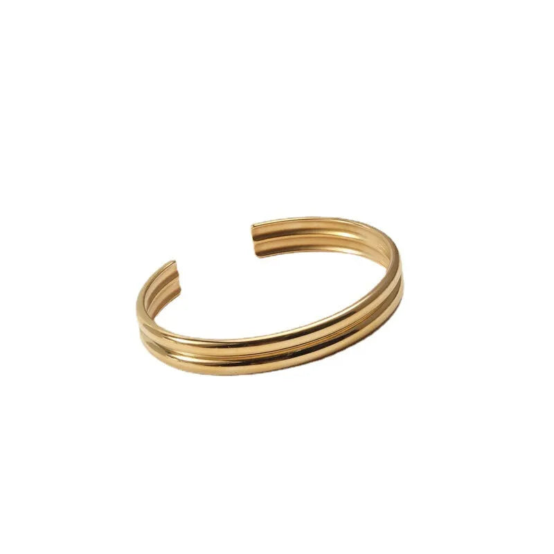 Double curved titanium steel bracelet for women, gold with pearl inlay, geometric style