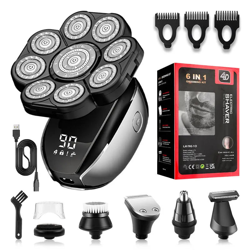 Black USB rechargeable 6-in-1 hair clipper kit with attachments on a white background