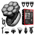 Black USB rechargeable 6-in-1 hair clipper kit with attachments on a white background