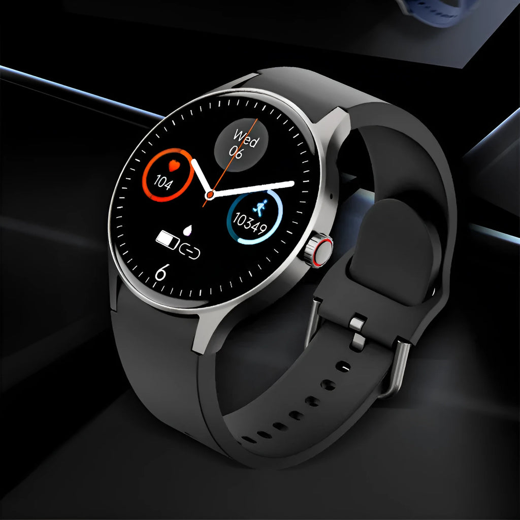 Black Bluetooth smart sport watch with round touch screen on a wrist, showing IP68 waterproof rating and magnetic charger.