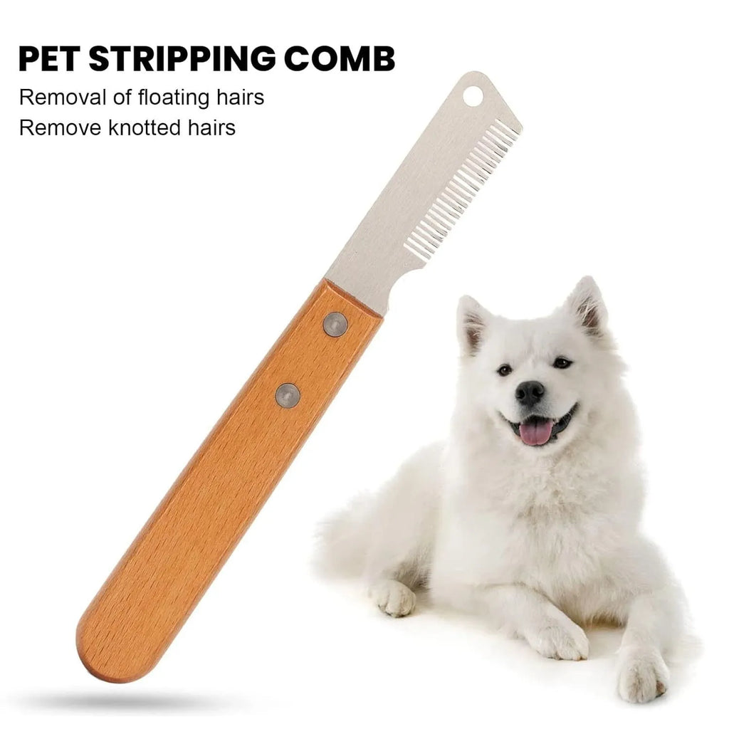 Pet stripping comb grooming tool with a wood handle and metal blade for dogs and cats.