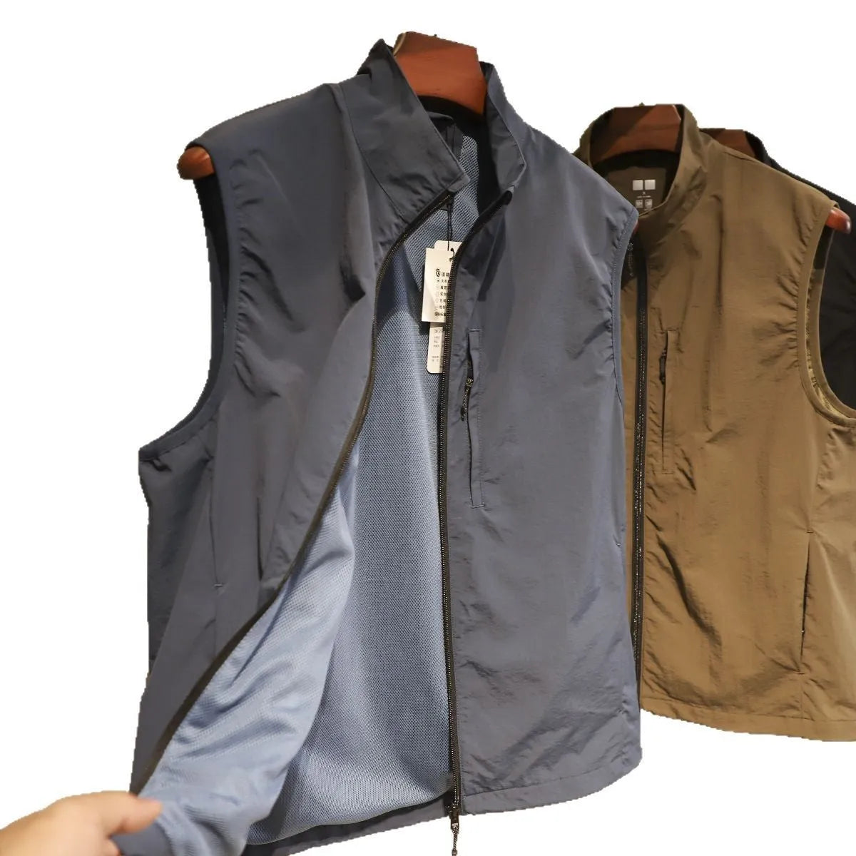 Men's straight cut thin nylon vest cardigan in army green with side seam pockets.