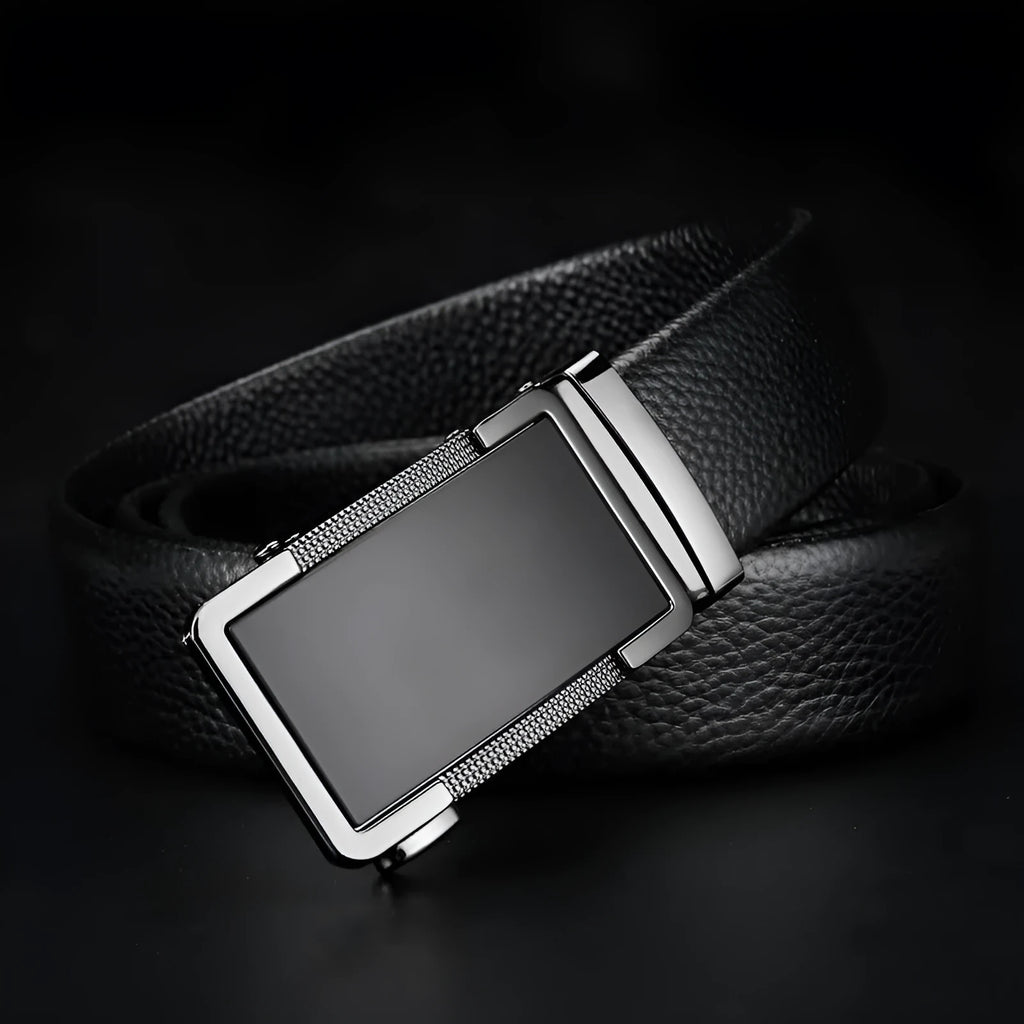 Men's gun black leather belt with a silver automatic alloy buckle, shown alongside silver and gold colour options.