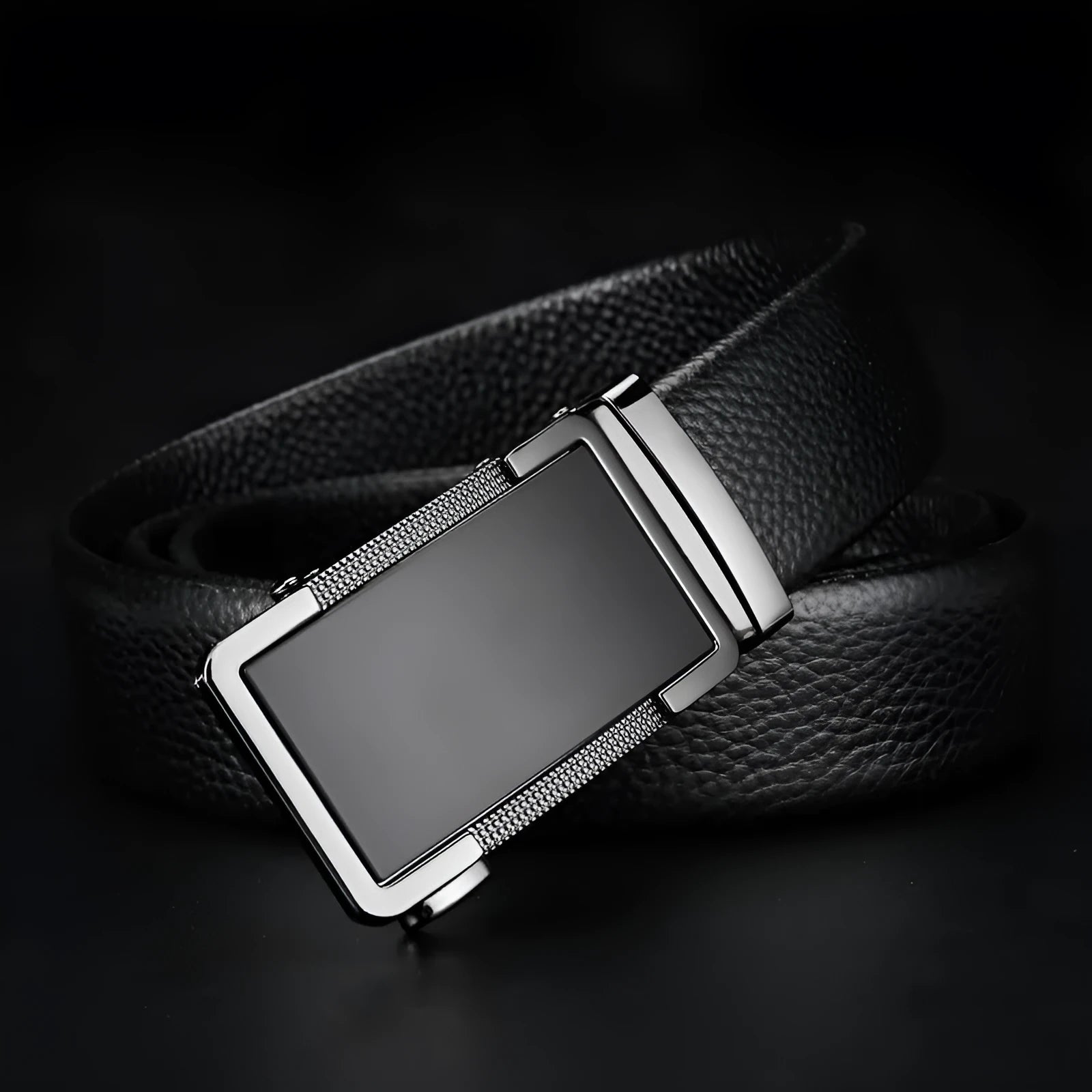 Men's gun black leather belt with a silver automatic alloy buckle, shown alongside silver and gold colour options.