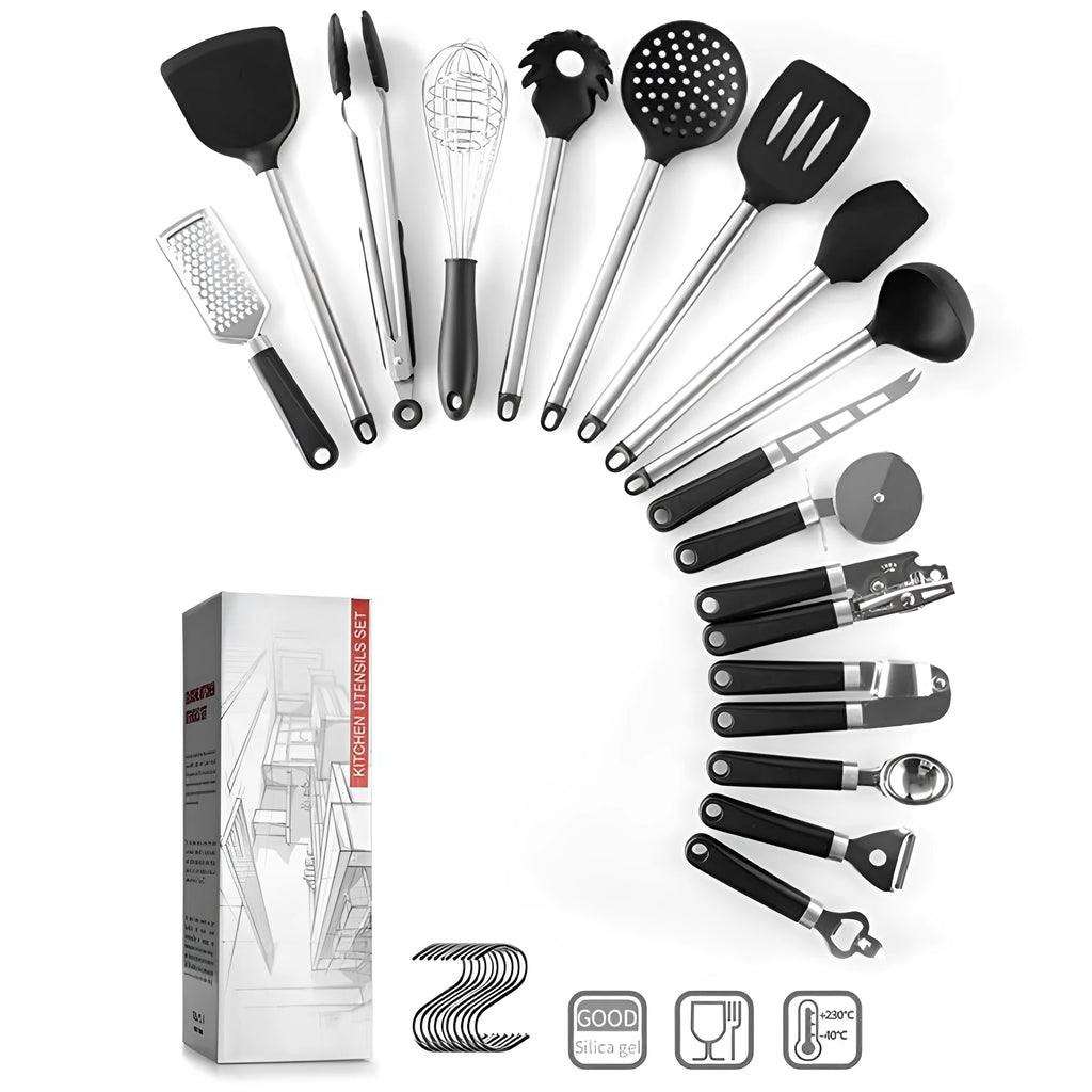 Black silicone kitchen spatula and spoon set with stainless steel handles - 16 piece cooking utensil collection