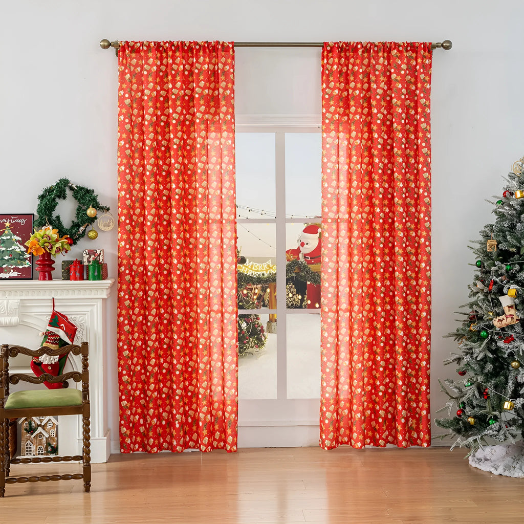 Red American-style cloth curtain with printed cartoon angels and snowmen, one metre wide.
