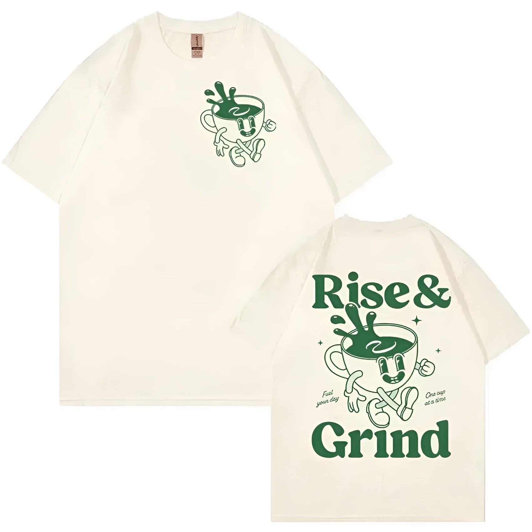 Loose fit linen T-shirt with Rise and Grind text and green coffee cartoon print on chest.