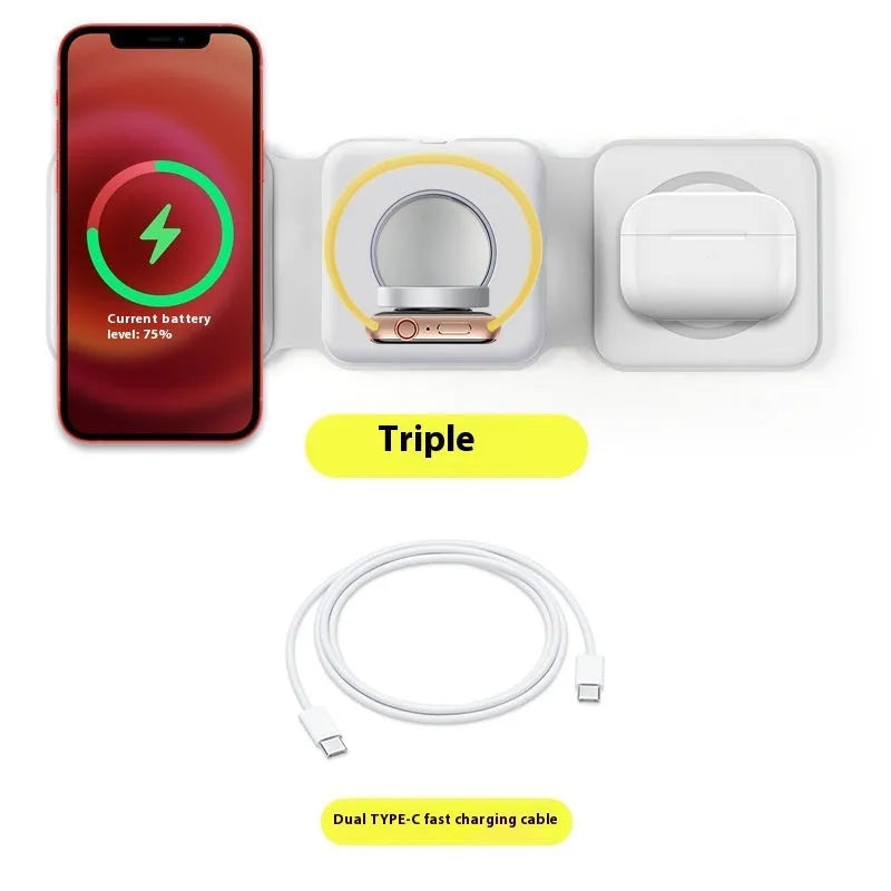 3 In 1 Magnetic Wireless Charging Folding Mobile Phone Holder in black, ABS silicone construction, foldable design