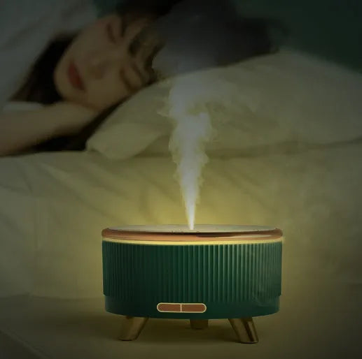 Cylinder USB charging humidifier with 500ml tank, one fog outlet, plastic body, black or green, under 36dB noise.