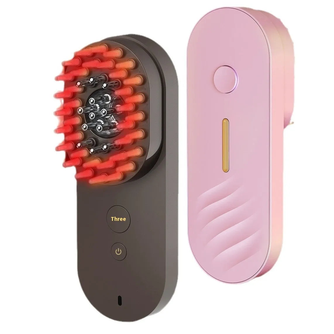 Pink and black smart massage comb with red light therapy for head care, measuring under 10cm
