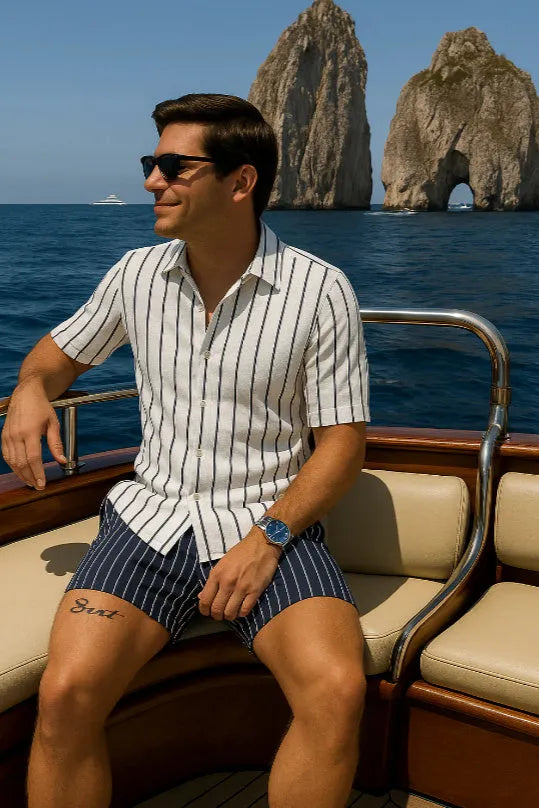 Men's four-sided elastic beach shirt and shorts set in light mature casual style