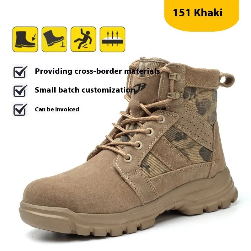 Khaki high-top suede combat boots with steel toe cap and front lace-up closure on a rubber sole.