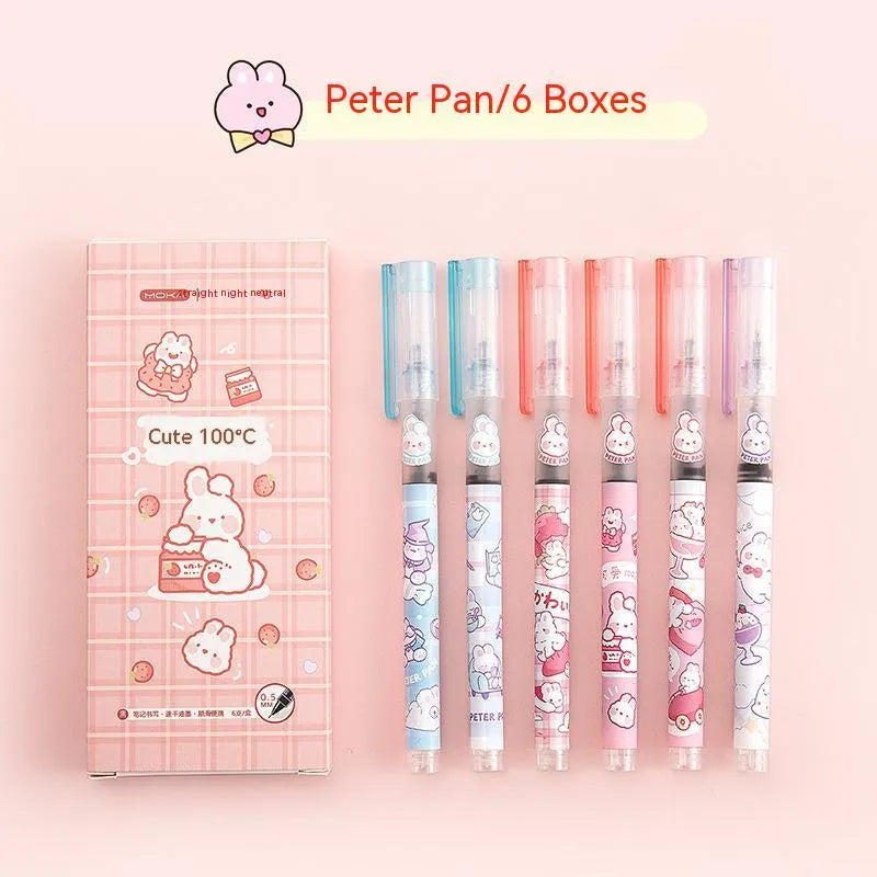 Boxed set of six Marvel cartoon quick-drying gel pens with plastic shell, various refill colours on white background