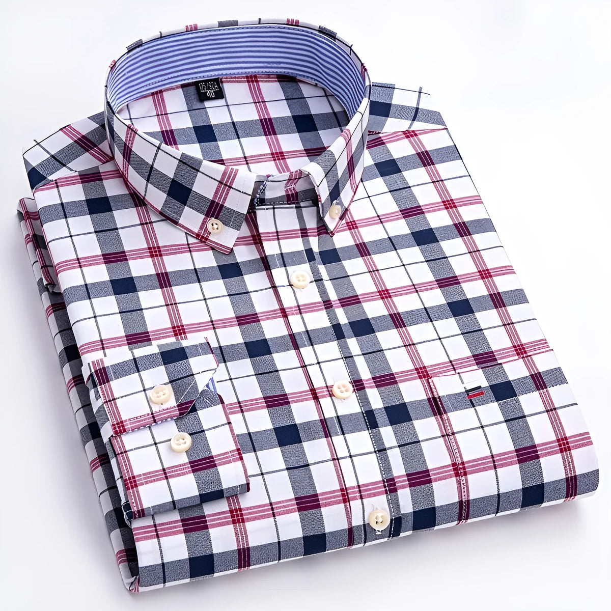 Men's long sleeve pure cotton plaid shirt in casual style, available in five colours and sizes 38-47.