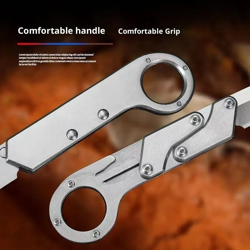 Silver stainless steel folding knife with 5.7cm blade and 67mm handle, mechanical deformation folding design