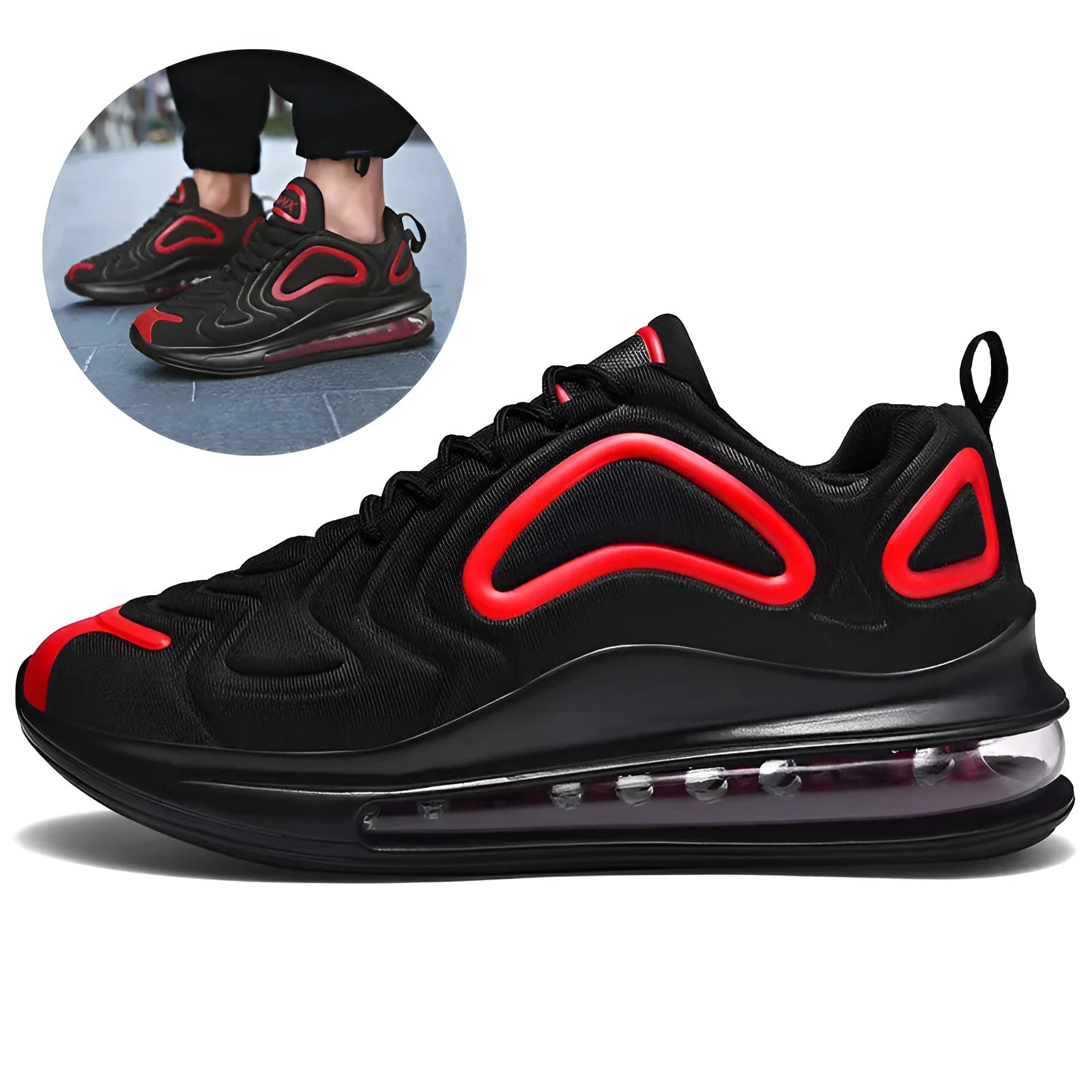 Men's black casual air cushion sneakers with lace-up front and thick sole.