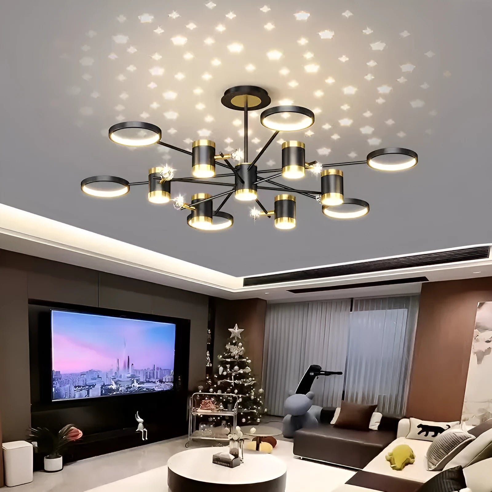 Black iron pendant chandelier with 13 light heads and an adjustable suspension cord.