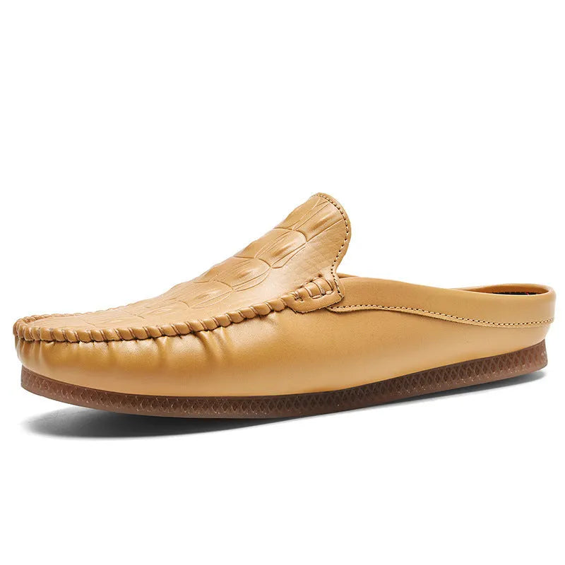 Men's black artificial PU summer semi-slippers with rubber sole shown from side view
