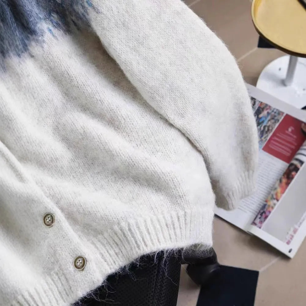 Women's loose fit jacquard patterned sweater coat in milky white