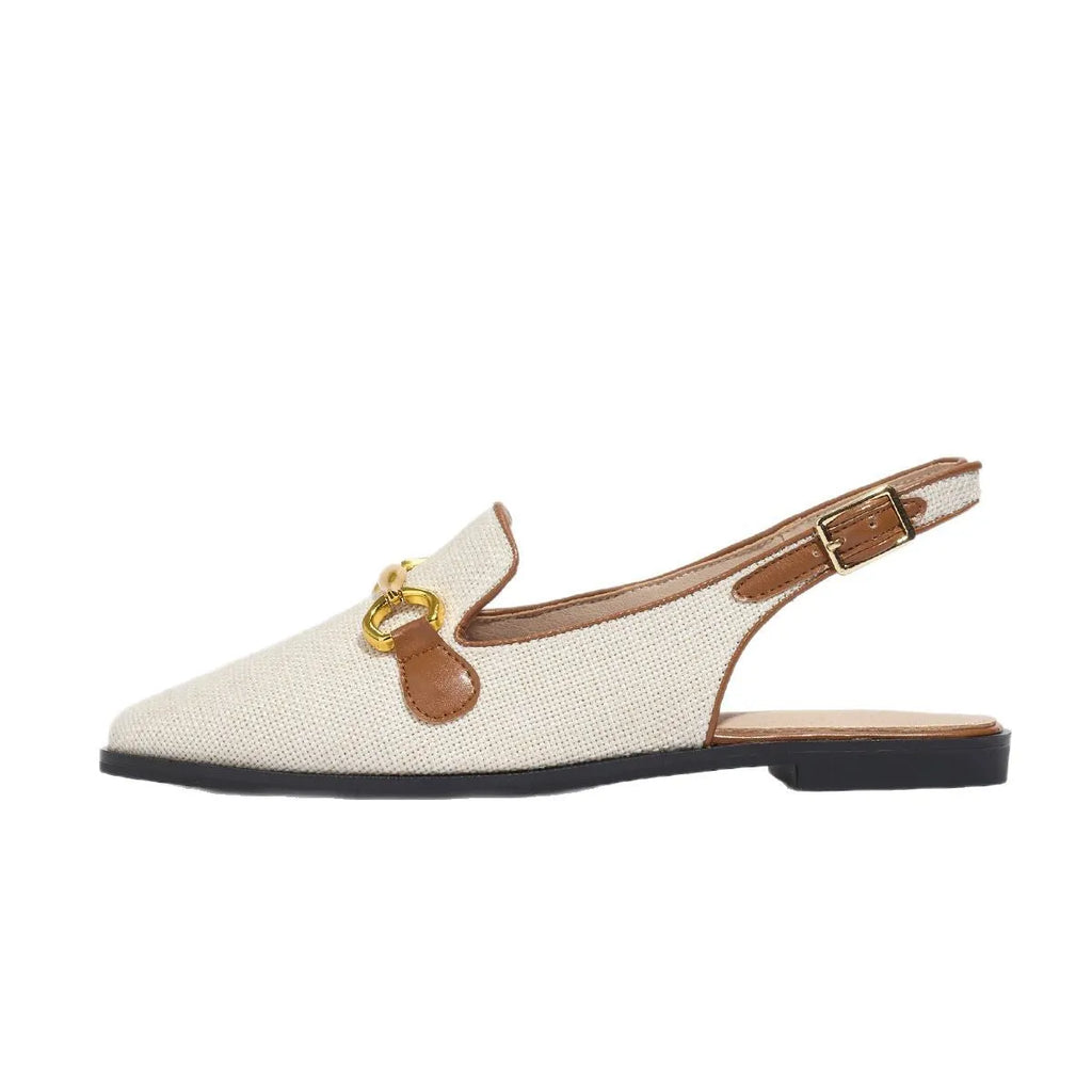 Women's closed toe half slippers with chunky low heel in black linen and imitation leather lining
