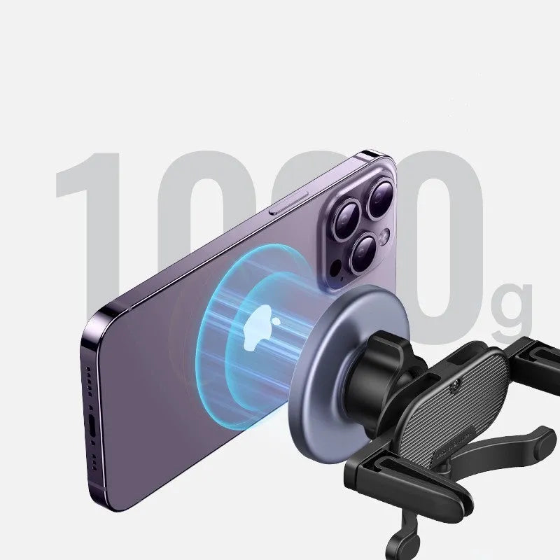 Black magnetic suction phone holder for car air outlet with N52 neodymium magnet and 360-degree rotation, 67g.