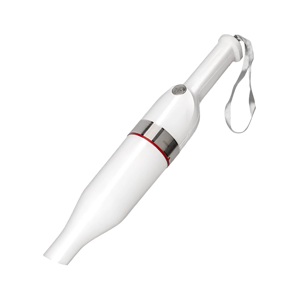 Rechargeable handheld car and home vacuum cleaner in brushed ABS plastic finish on a white background