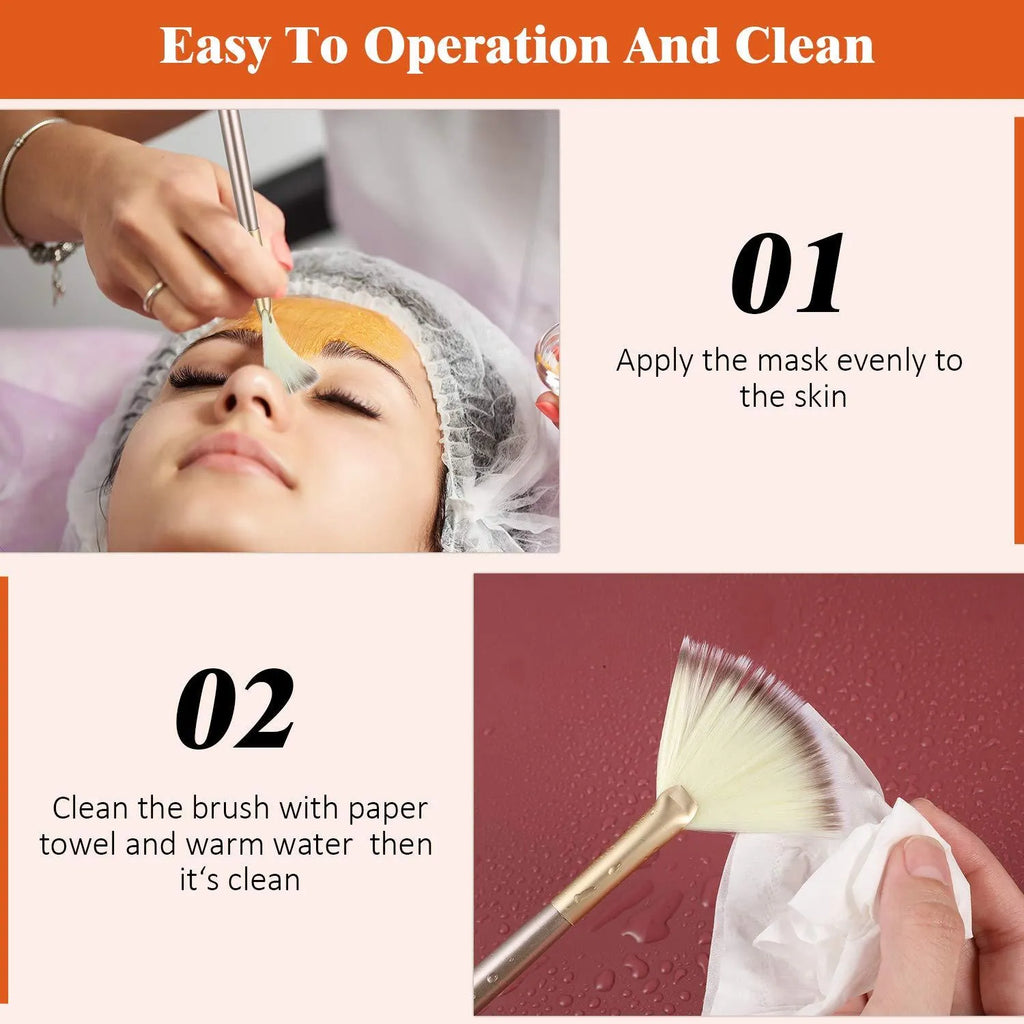 Ten champagne-coloured fan makeup brushes with soft fibre bristles and protective covers laid out.