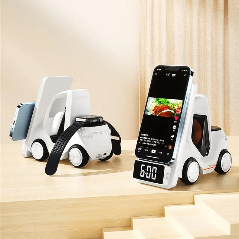 Grey, white, yellow, and orange coloured 15W three-in-one wireless fast charging stand for mobile phones.