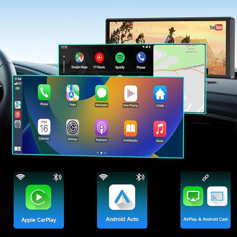 Black 10.26-inch car navigation device with dual recording cameras and suction mount for windscreen installation