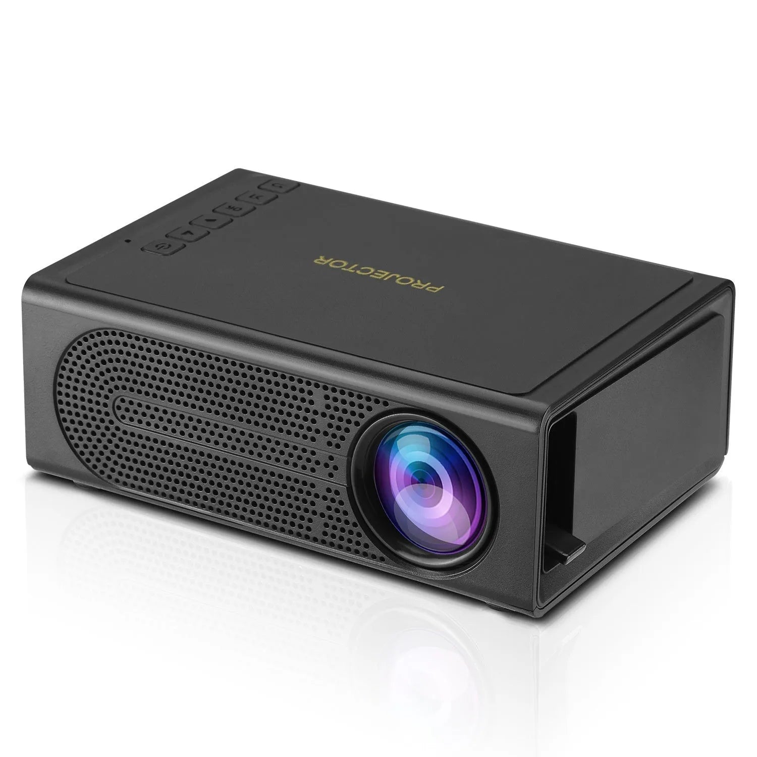 Black and white portable mini projector with wired mobile phone connection and international power adapters